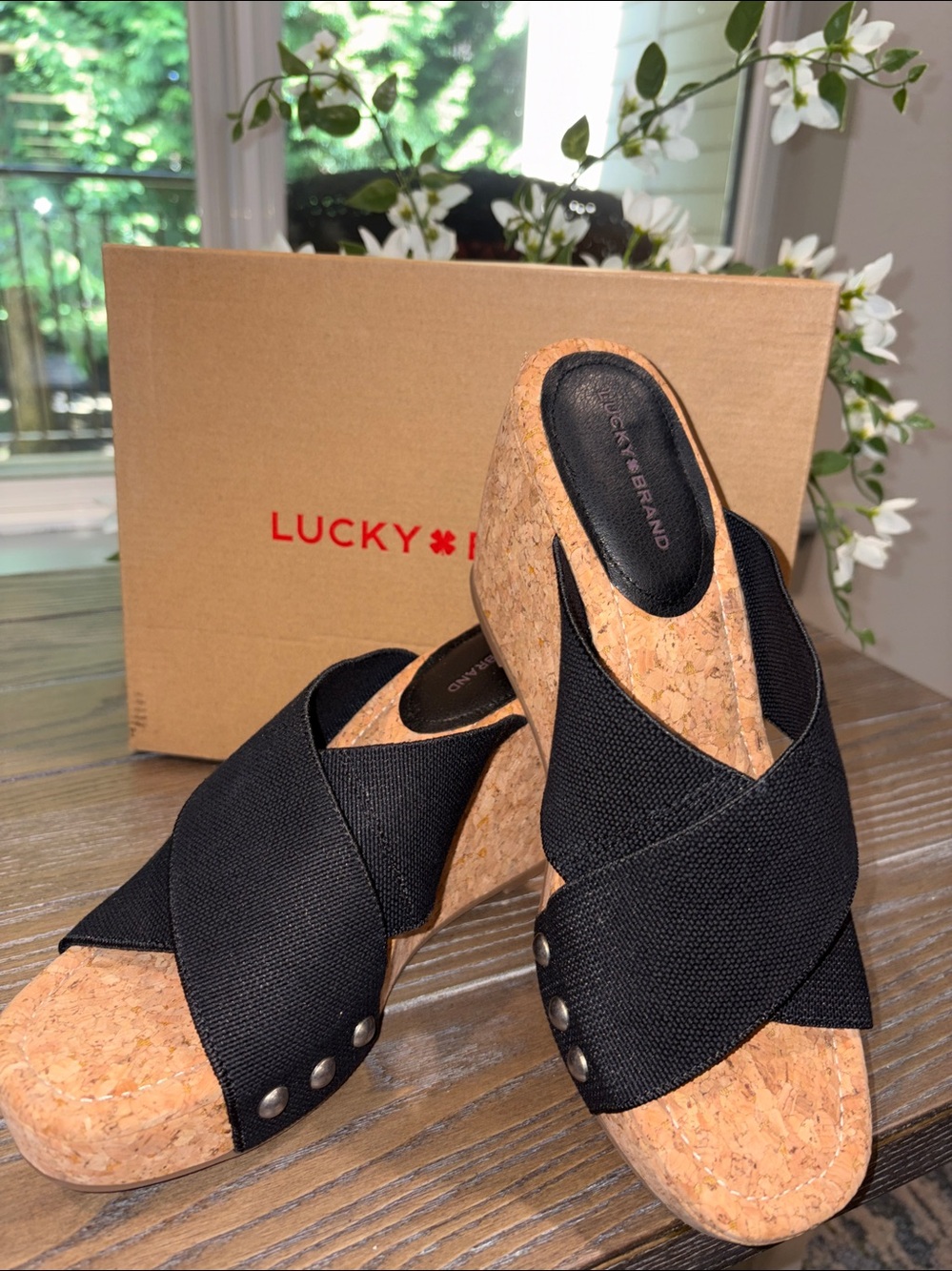 Lucky Brand Valmai Black Crisscross Cork Wedge Sandals Platform Slides sz 10 NIB